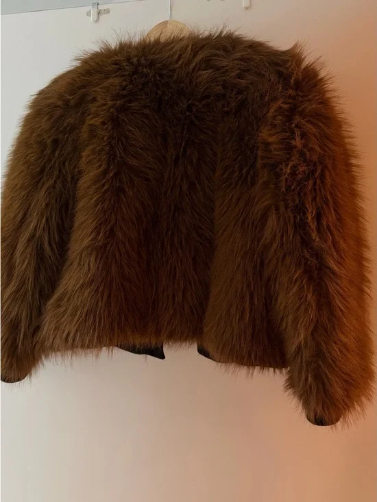 Zara Brown Faux Fur Bomber Jacket with Black Trim - Picture 6 of 6